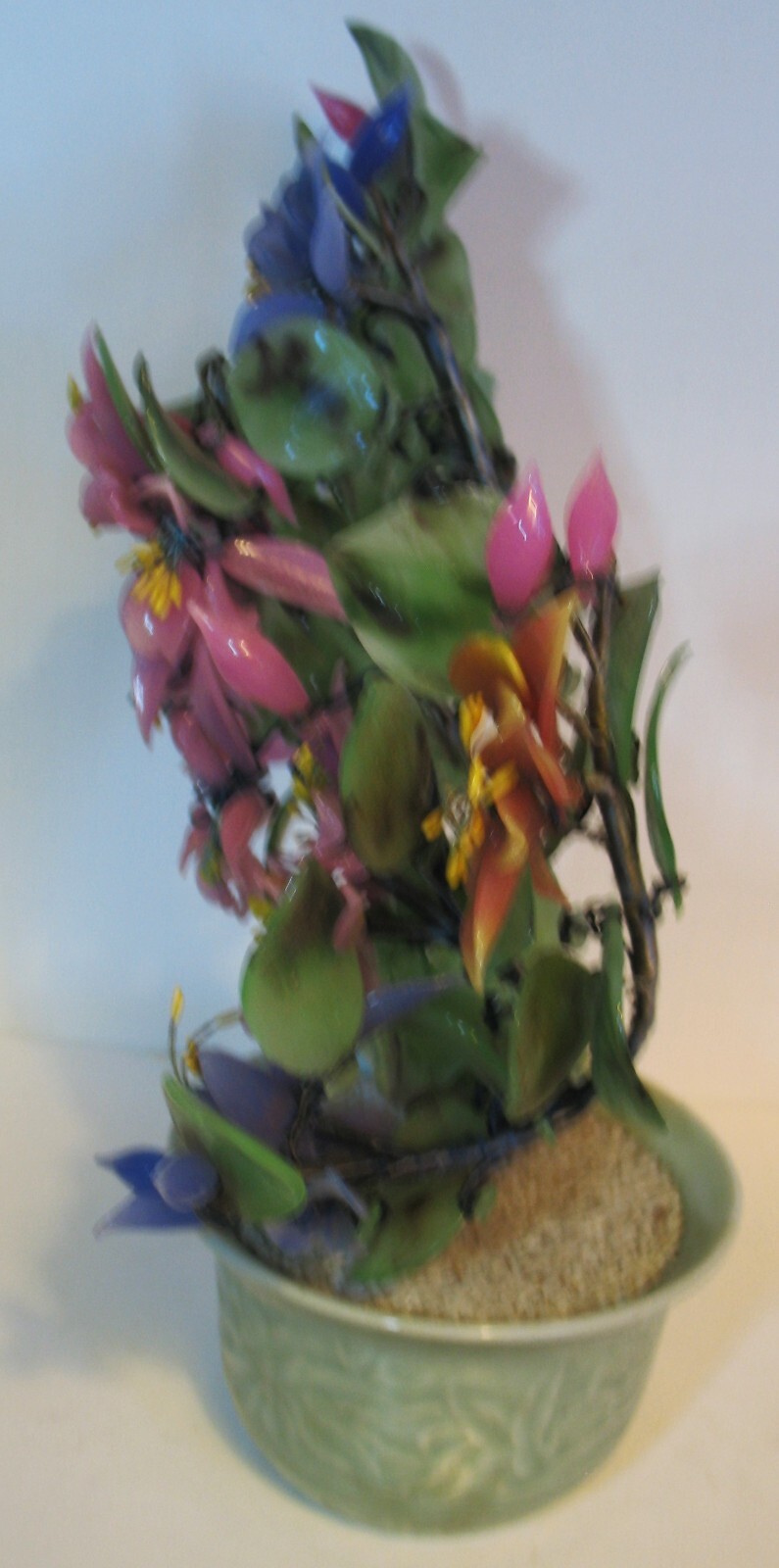 Large Victorian Era Chinese Jade Flowered Bonsai Tree in Round Celadon Planter