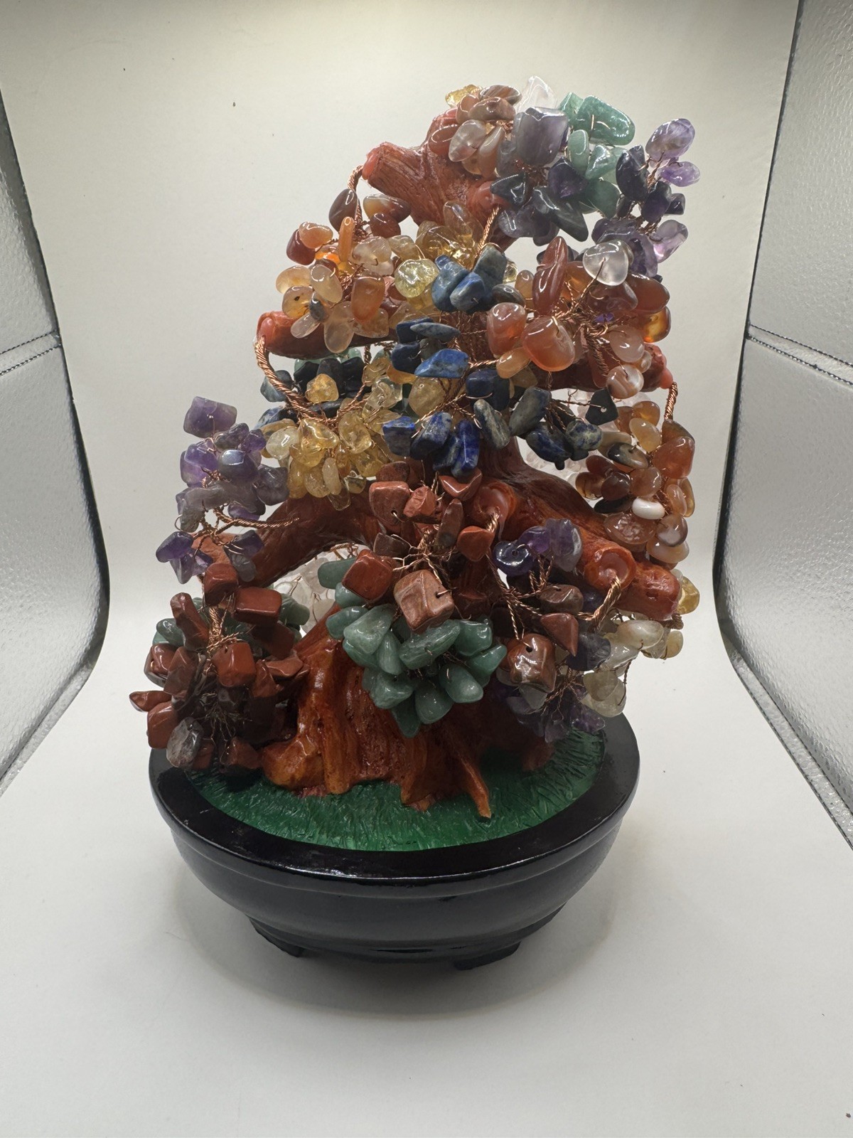Vintage Jade Glass Bonsai Tree Set In A Celadon Pot, multi colored beautiful