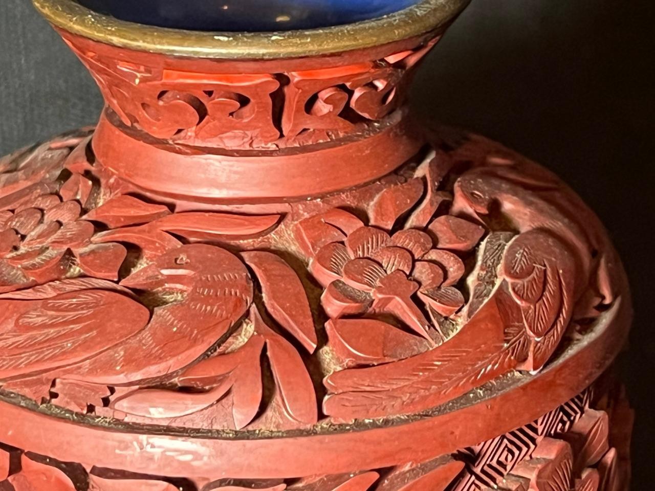 Old Chinese Antique Hand Carved Cinnabar Red Lacquer Vase Urn QING Blue Enamel
