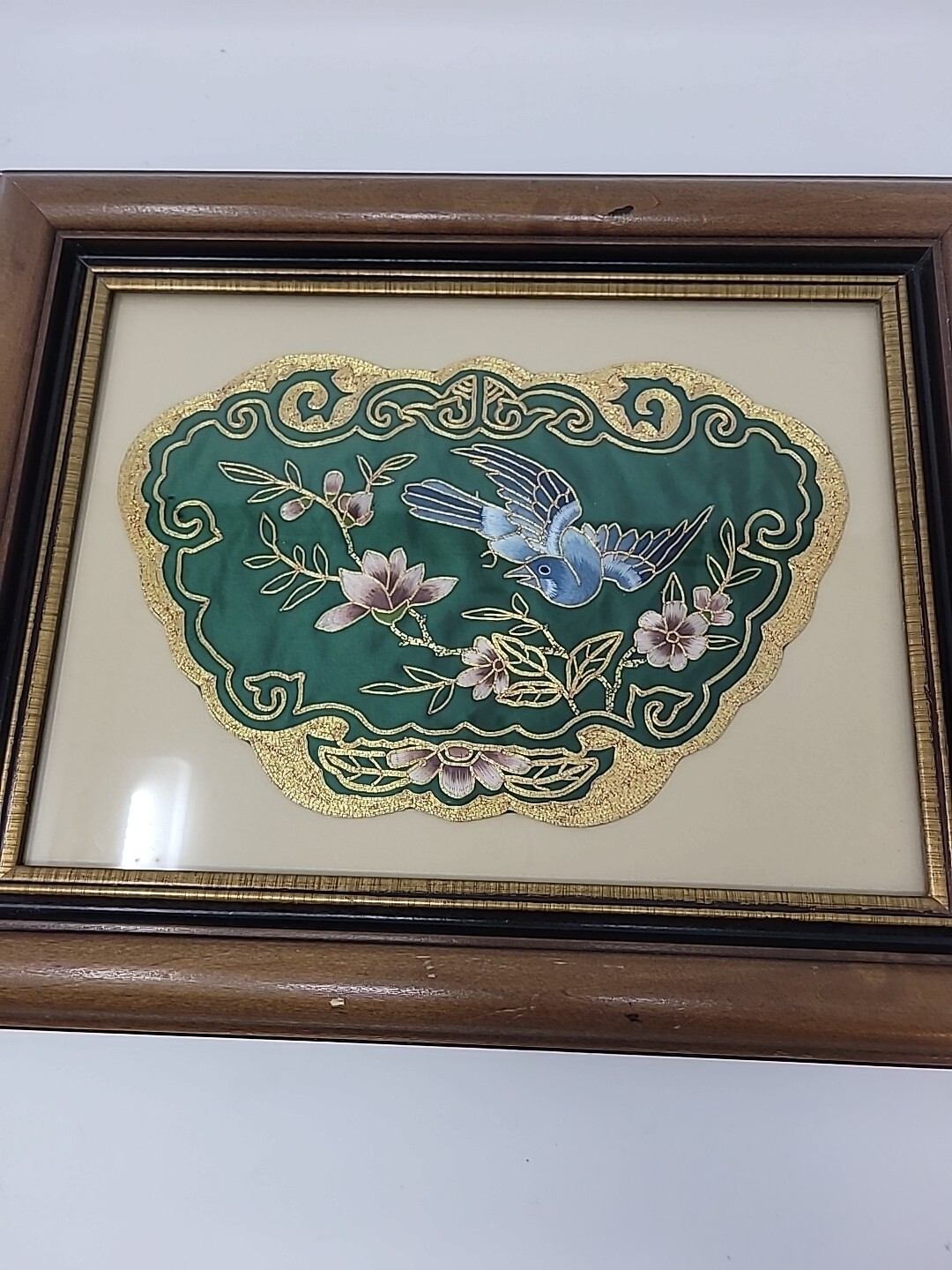Two Framed Vintage Golden Cloud Green Chinese Hand Embroidered Panel