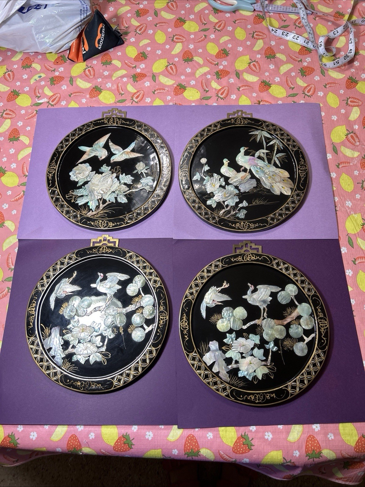 Vintage Chinese Lacquered Decorative On Wood Mother Of Pearl 10” Set Of 4 Used