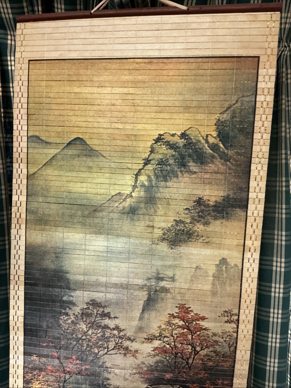 Circa 1970s made in Taiwan scroll oriental scene mountains maple trees houses