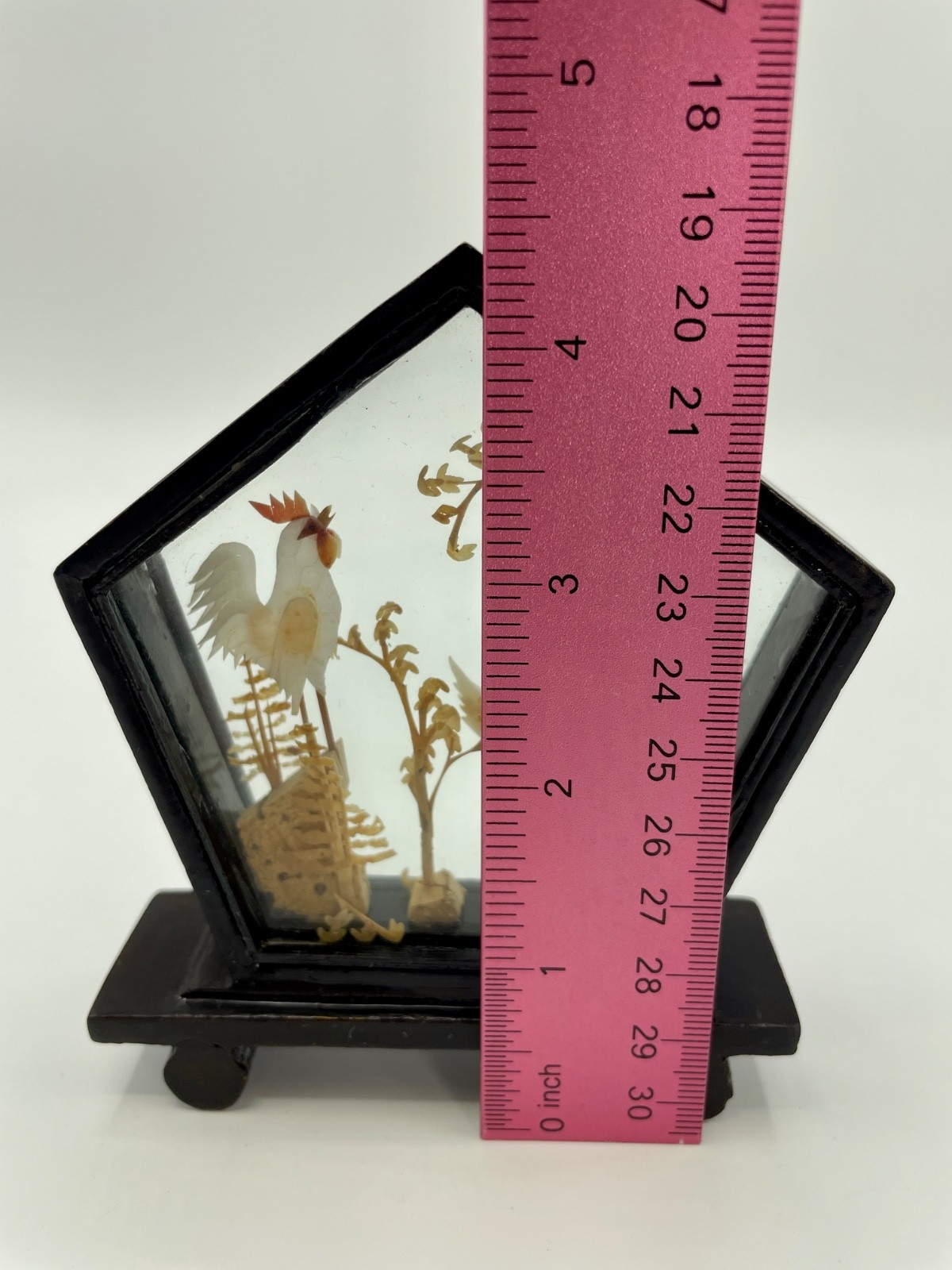 Vintage Chinese Diorama Cork Carving Hexagon Wooden Glass Case Roosters