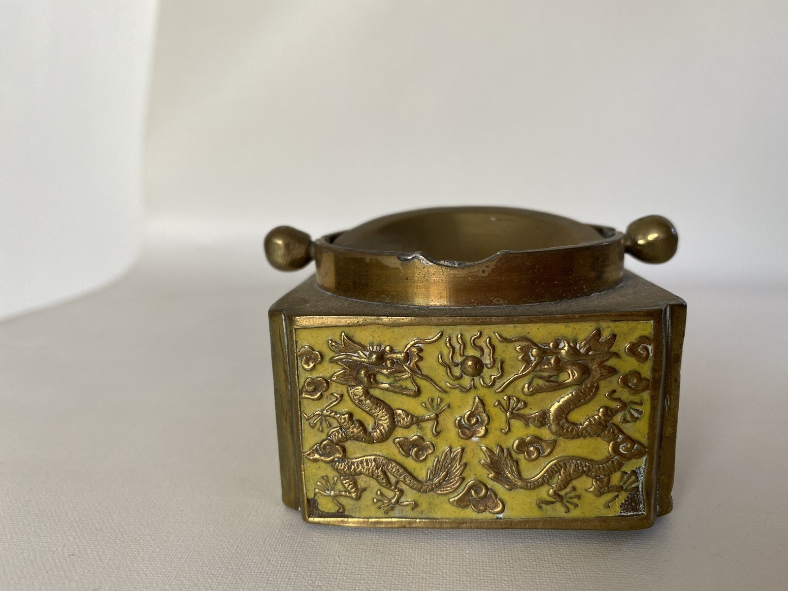 Antique Chinese Enamel Flip Top Ashtray With Eight Dragons Marked CHINA￼