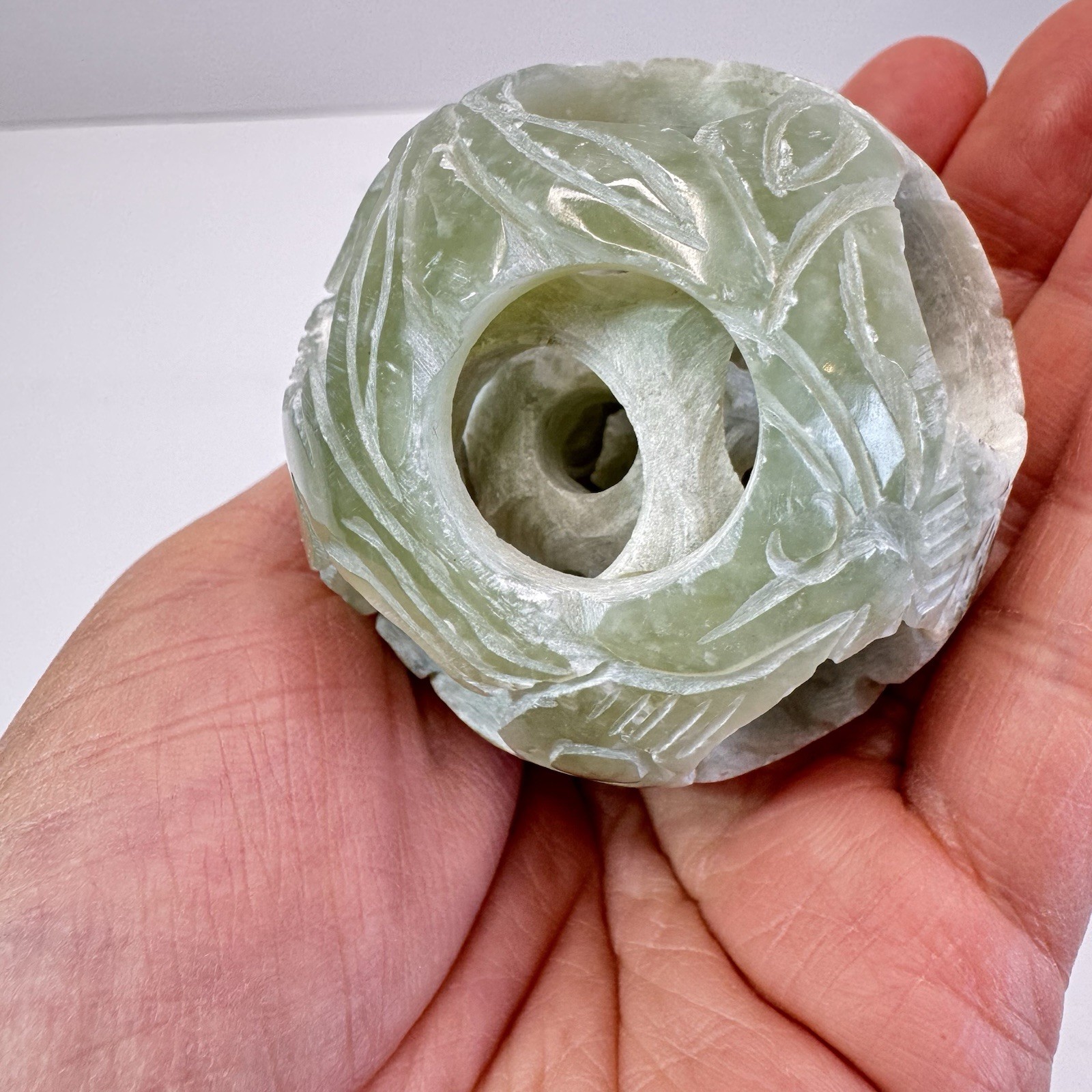 Vintage Chinese Carved Jade Stone Puzzle Ball Sphere 4-Layers Deep 2”