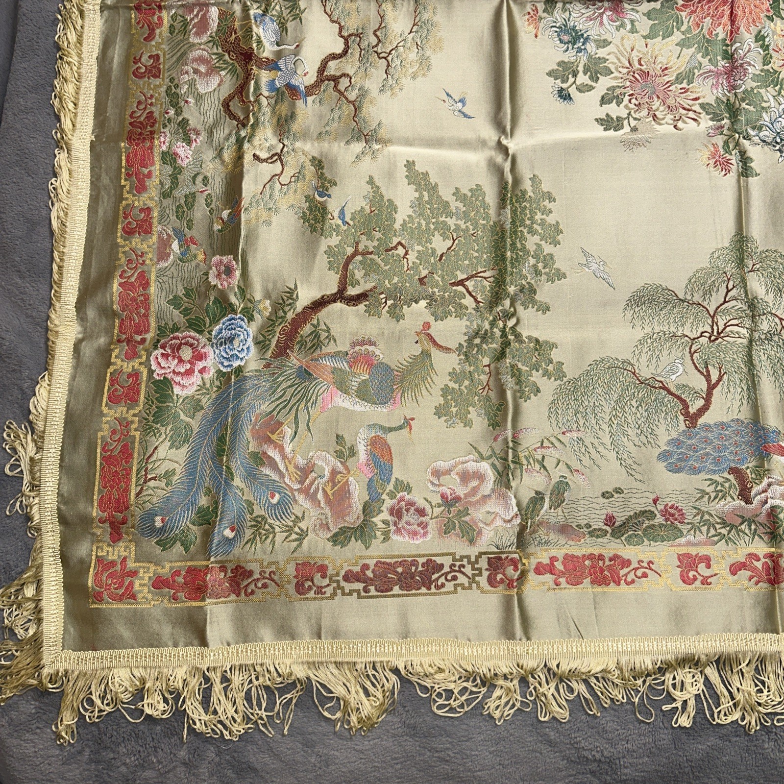 Vintage Brocaded Flowers Tablecloth Dujinsheng Silk Weave Fringe Peacock Crane