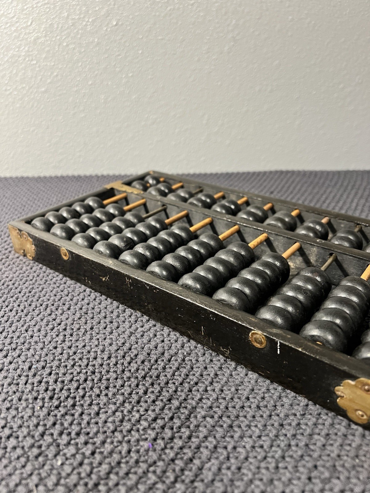 Lotus Flower Brand Abacus Black Painted Wood Brass Accents Has Wear Vintage