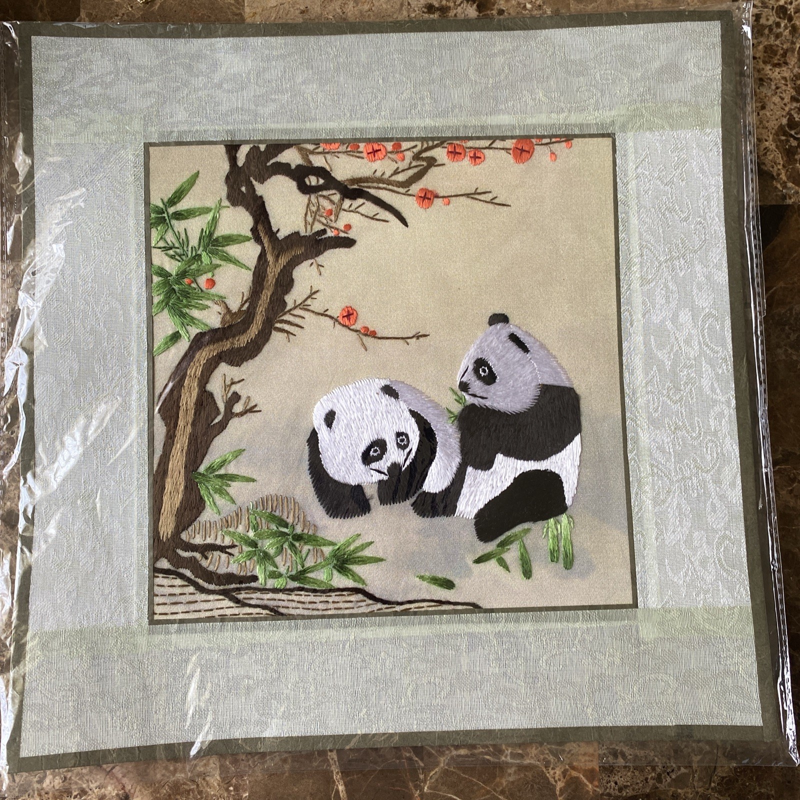 Chinese Asian 100% Silk Tapestry Embroidery Pandas 16″ x 17″ AS IS