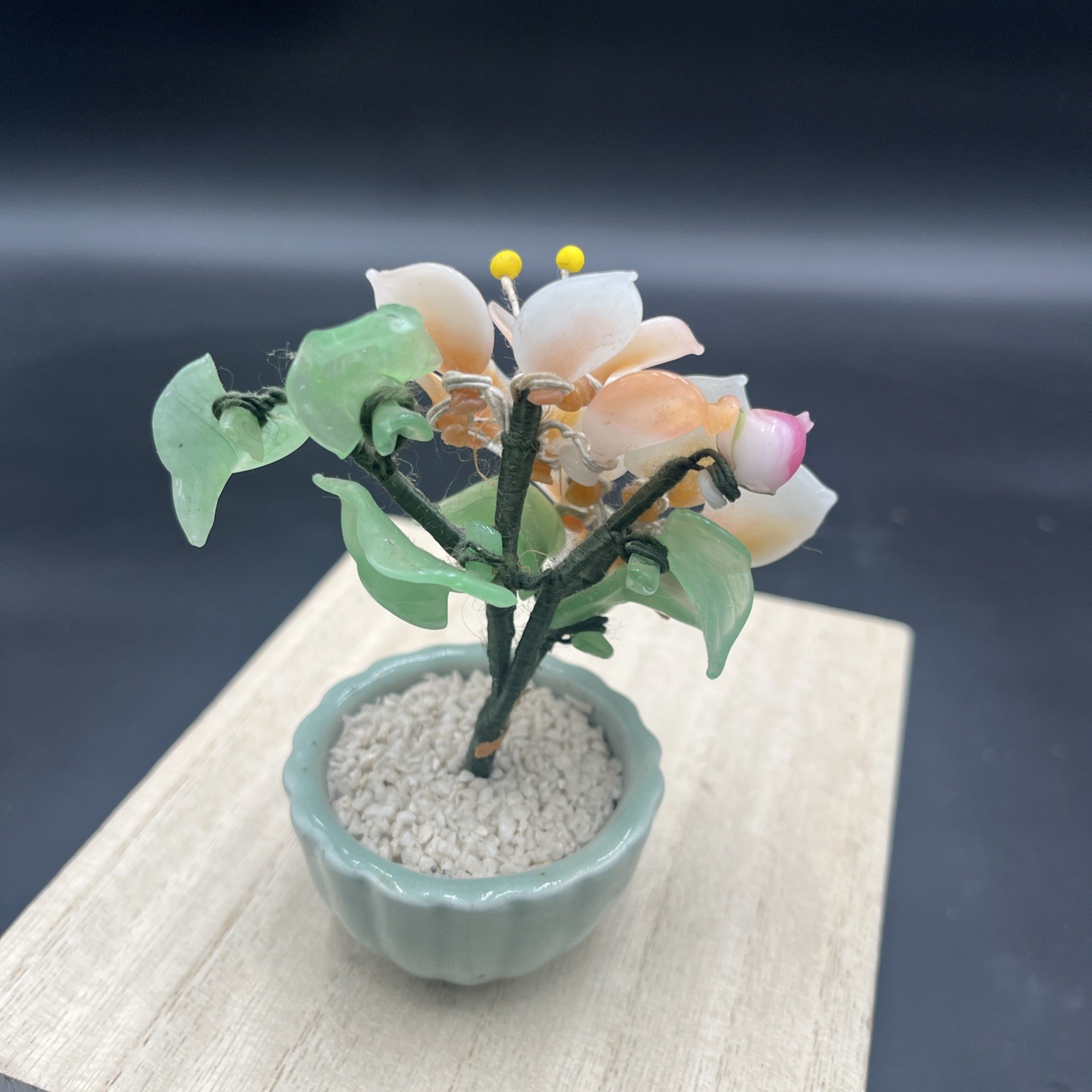 Vintage Small Jade & White Floral Bonsai Tree Green Celadon Pot 4.5”