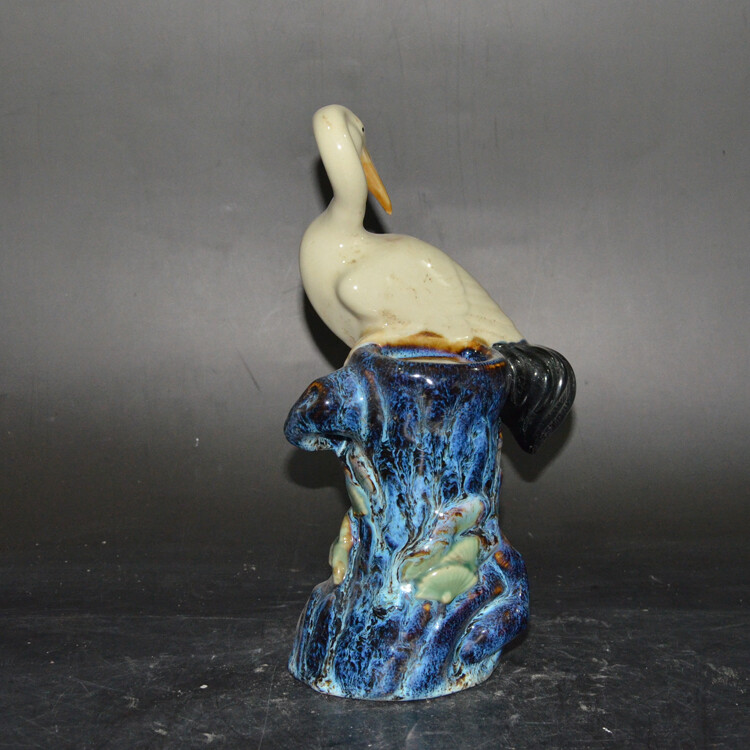 9.4″ CollectChinaBlue Glaze Porcelain Hand Engraving Red-crowned Crane Brush Pot