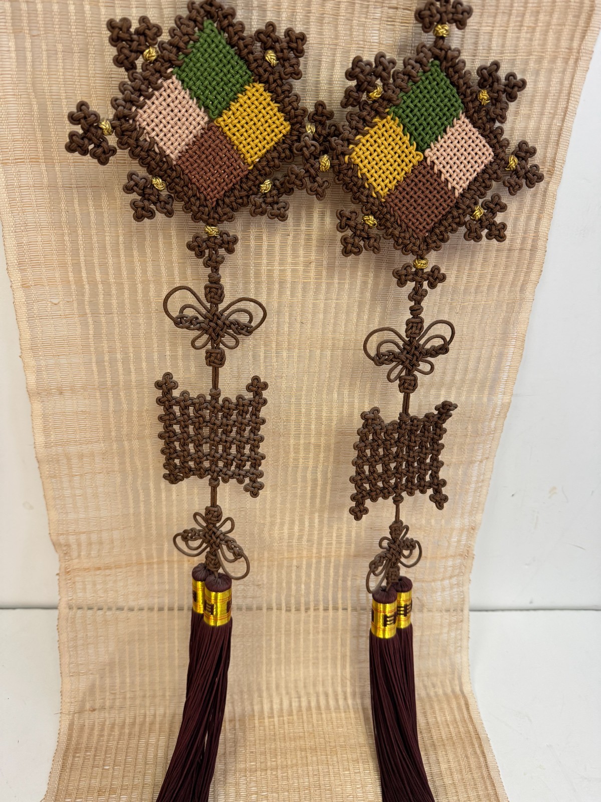 Vintage Large Chinese Knitted Lucky Tan Brown Knot Wall Hanging 58″ L
